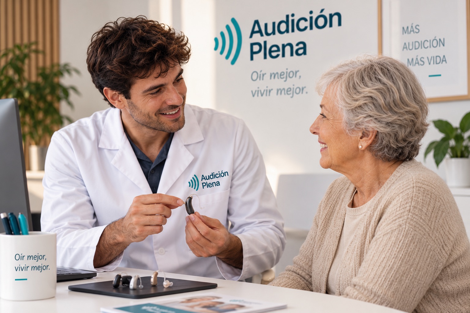 Audioprotesista mostrando un audífono a una paciente durante una consulta