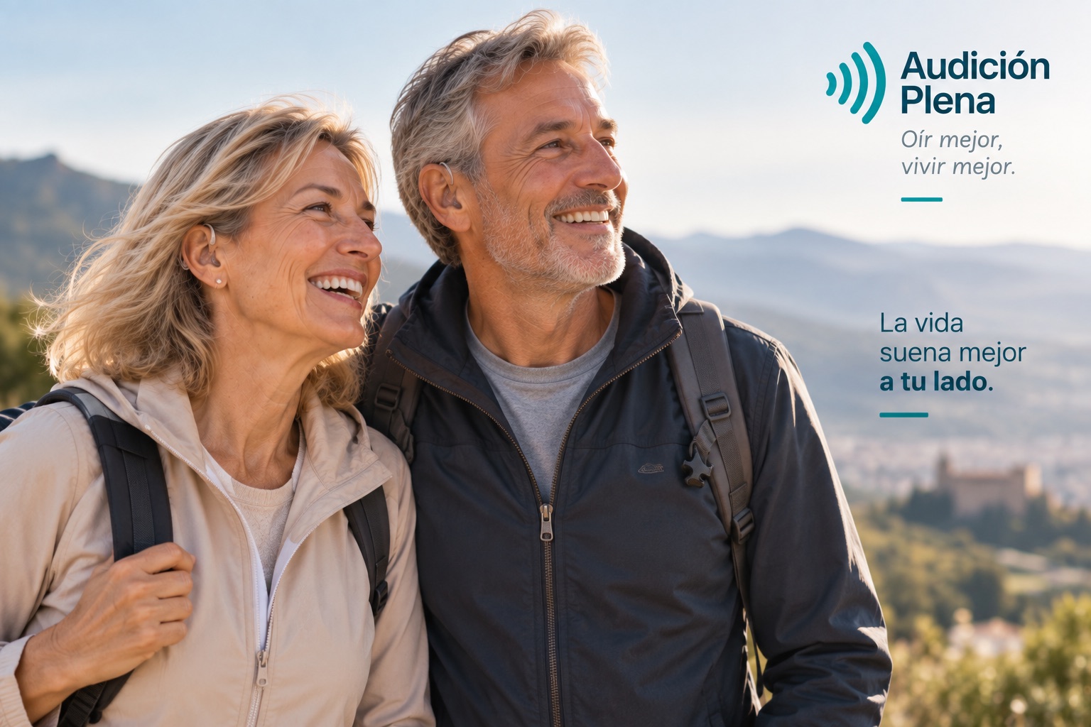 Pareja mayor sonriendo al aire libre, ambos con audífonos discretos